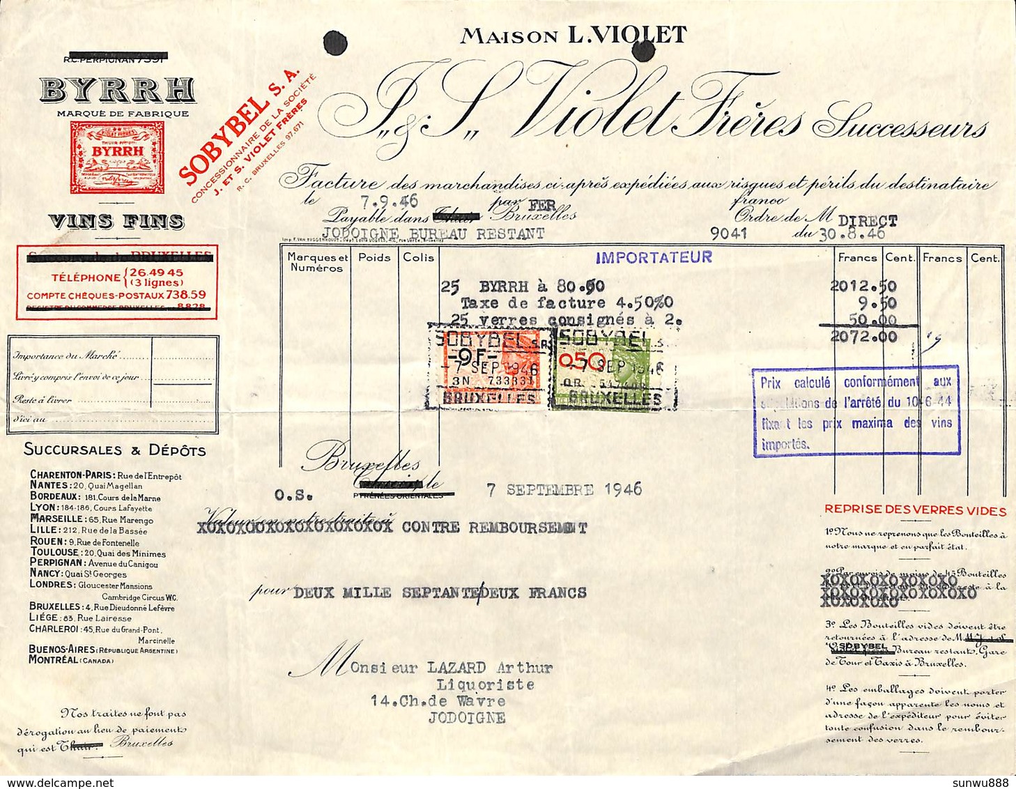 Byrrh, Maison L. Violet Frères, SoBybel Bruxelles Pour Jodoigne 1946, Timbres - 1900 – 1949