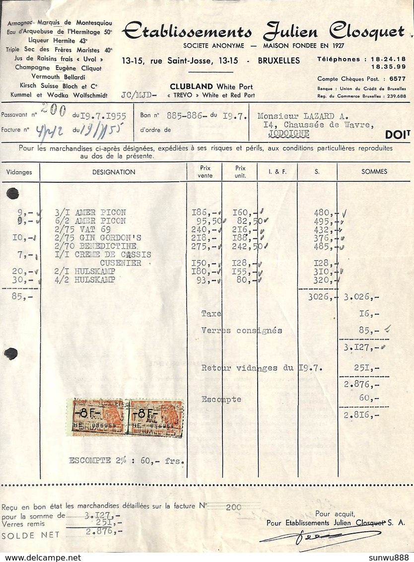 Etablissements Julien Closquet - Armagnac, Champagne, Vermouth... Bruxelles Rue Saint-Josse 1955, Timbres - 1950 - ...
