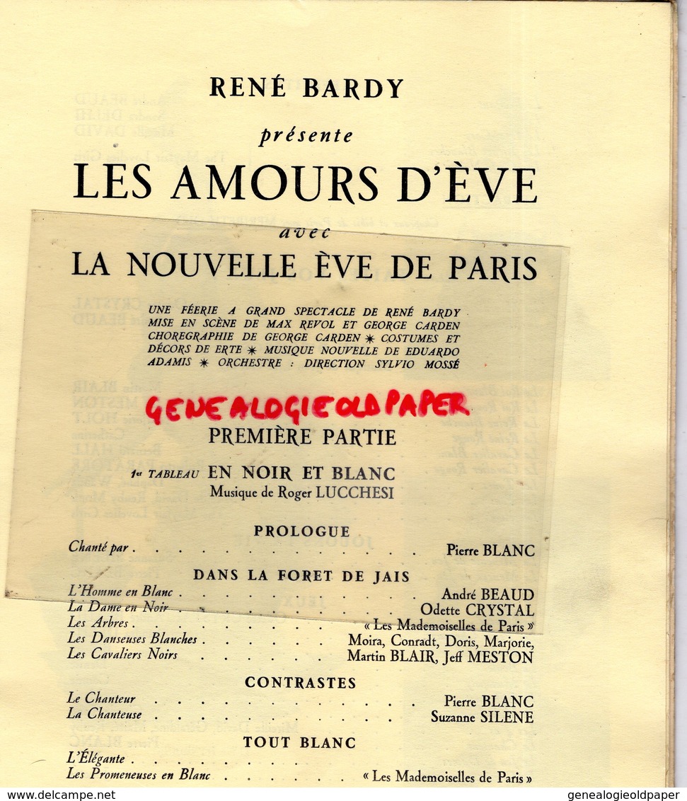 75- PARIS- RARE PROGRAMME LES AMOURS D' EVE- MISSISSIPI-LUCCHESI-MERIBETH OLD-ODETTE CRISTAL-PIERRE BLANC-SILENE-ECHECS