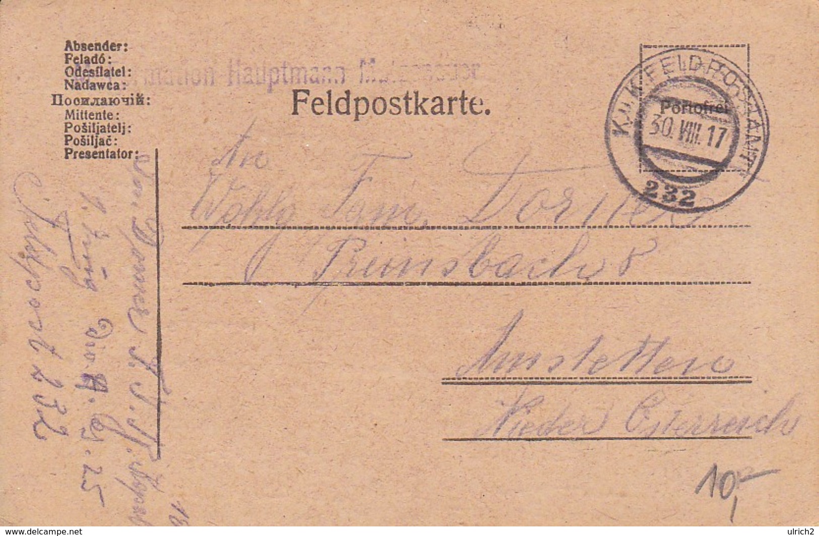 Feldpostkarte - Formation Hauptmann Matzenauer - 1917 (34826) - Briefe U. Dokumente