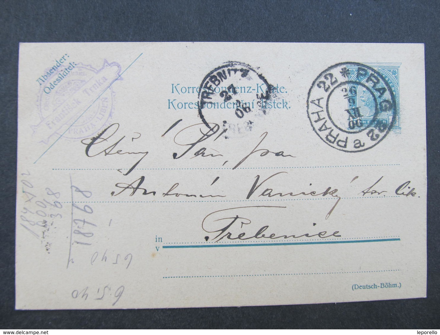 GANZSACHE Praha 22 Liben - Trebenice 1906 Korrespondenzkarte  /// D*31842 - Briefe U. Dokumente