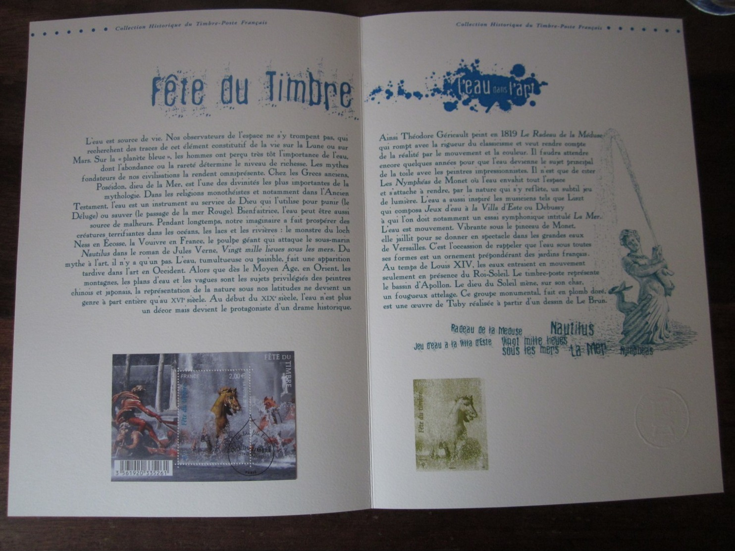 Premier Jour - Collection Historique Du Timbre-poste Français - L'eau Dans L'art (cheval) (2010) - Documents De La Poste