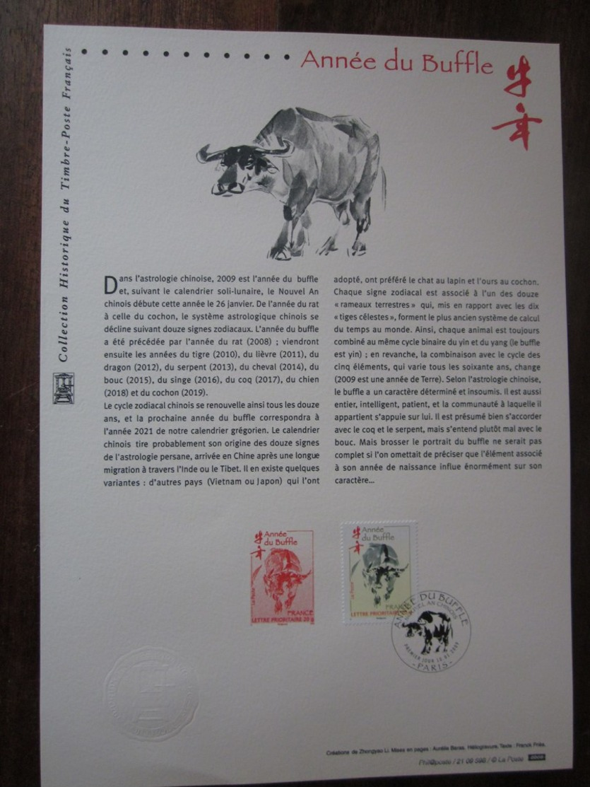 Premier Jour - Collection Historique Du Timbre-poste Français - Horoscope Chinois - Année Du Buffle (2009) - Documents De La Poste