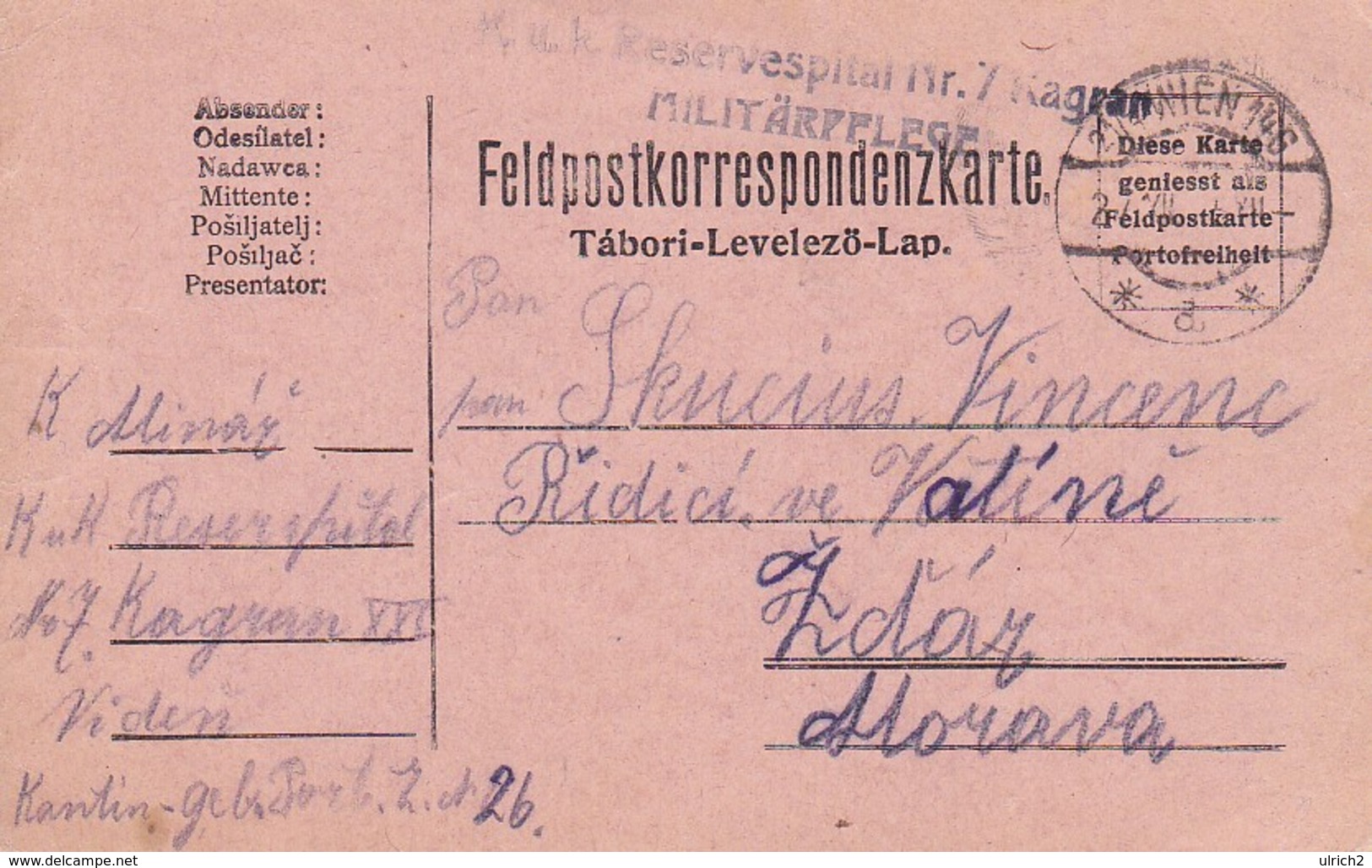 AK Feldpostkarte - K.u.k. Reservespital Nr. 7 Kagran Militärpflege - 1915 (34843) - Briefe U. Dokumente