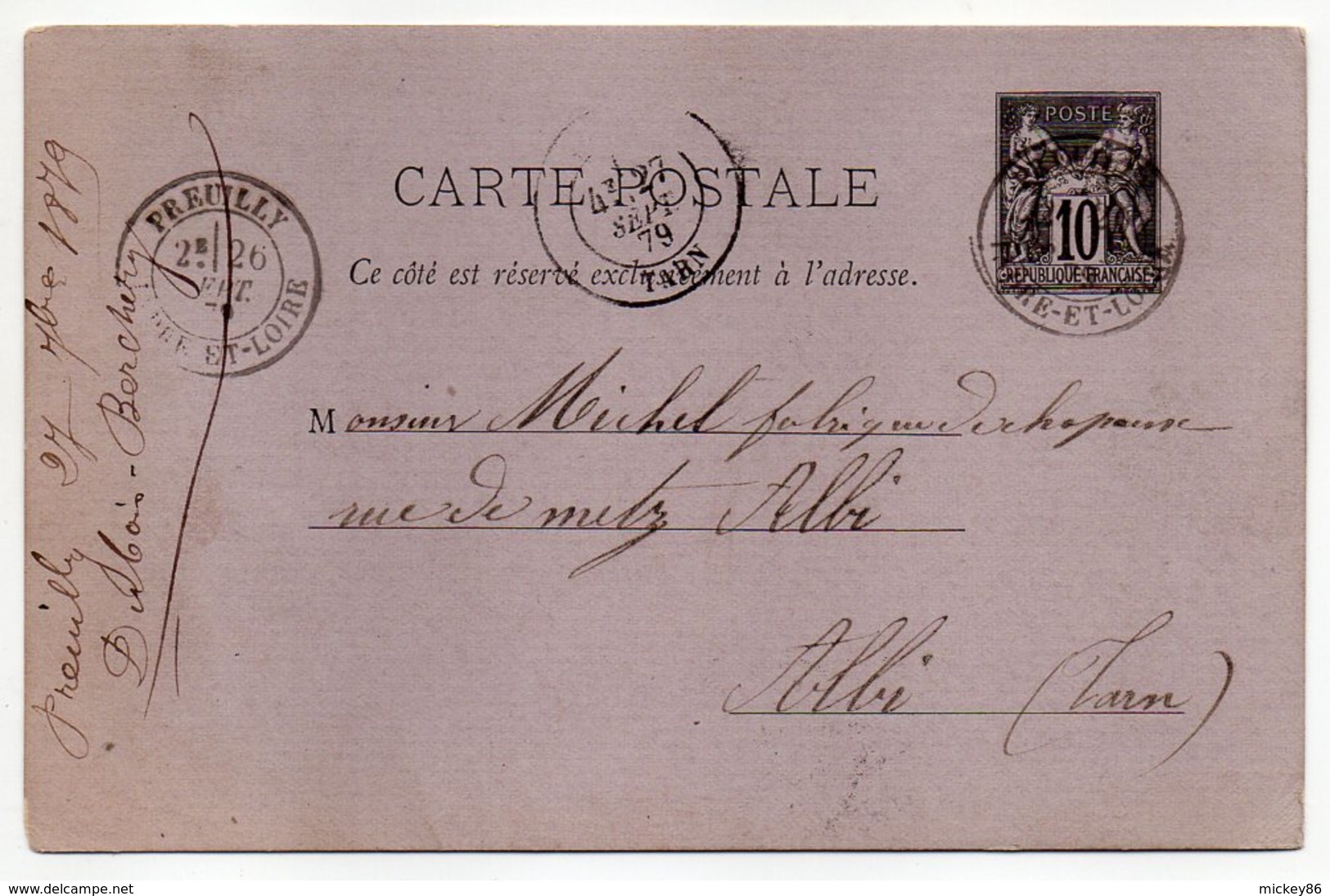 1879--entier Carte Postale  SAGE  10c Noir- Cachets PREUILLY -Indre Et Loire --ALBI - Tarn - Cartes Postales Types Et TSC (avant 1995)