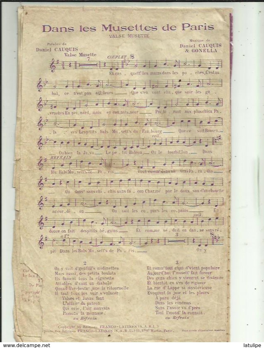 Partition Musicale Dans Les Musettes De Paris De Yette Billy Et Accordeon Gerson ) 4 Chanson 6 Pages Paroles Et Musique - Noten & Partituren