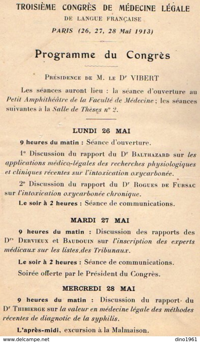 VP12.107 - PARIS 1913 - Programme Du Troisième Congrès De Médecine Légale .... à PARIS - Programas