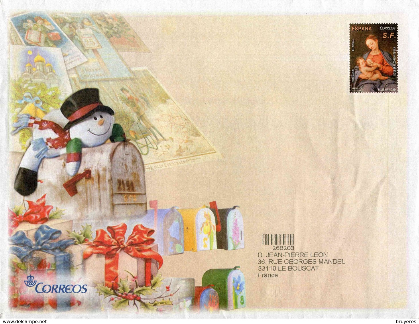 Entier Postal De 2013 Sur Enveloppe Avec Timbre "Vierge à L'Enfant" Et Illustration "Noël" - 1931-....