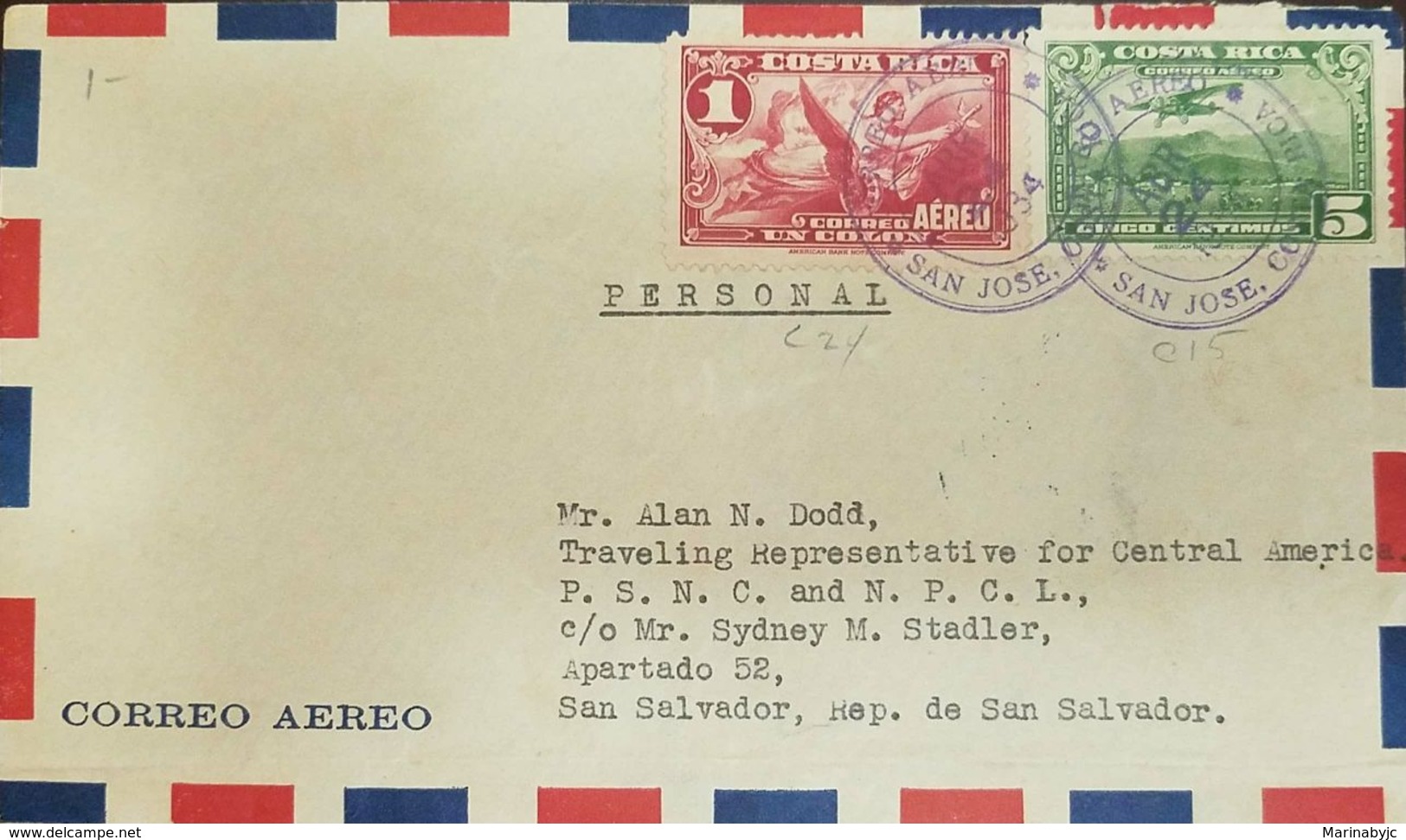 L) 1934 COSTA RICA, ANGEL, ALLEGORY OF THE AIRMAIL, 1C, RED, AIRPLANE, 5C GREEN, CIRCULAED COVER FROM COSTA RICA TO EL S - Costa Rica