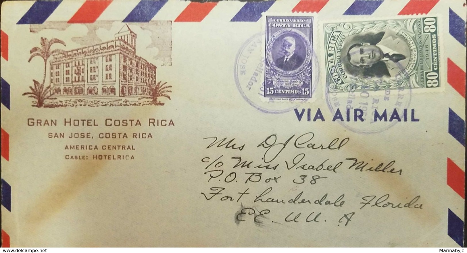 L) 1951 COSTA RICA, CARLOS LUIS VALVERDE VEGA, 80C, CARLOS DURAN, 15C, AIRMAIL, CIRCULATED COVER FROM SAN JOSE TO USA - Costa Rica