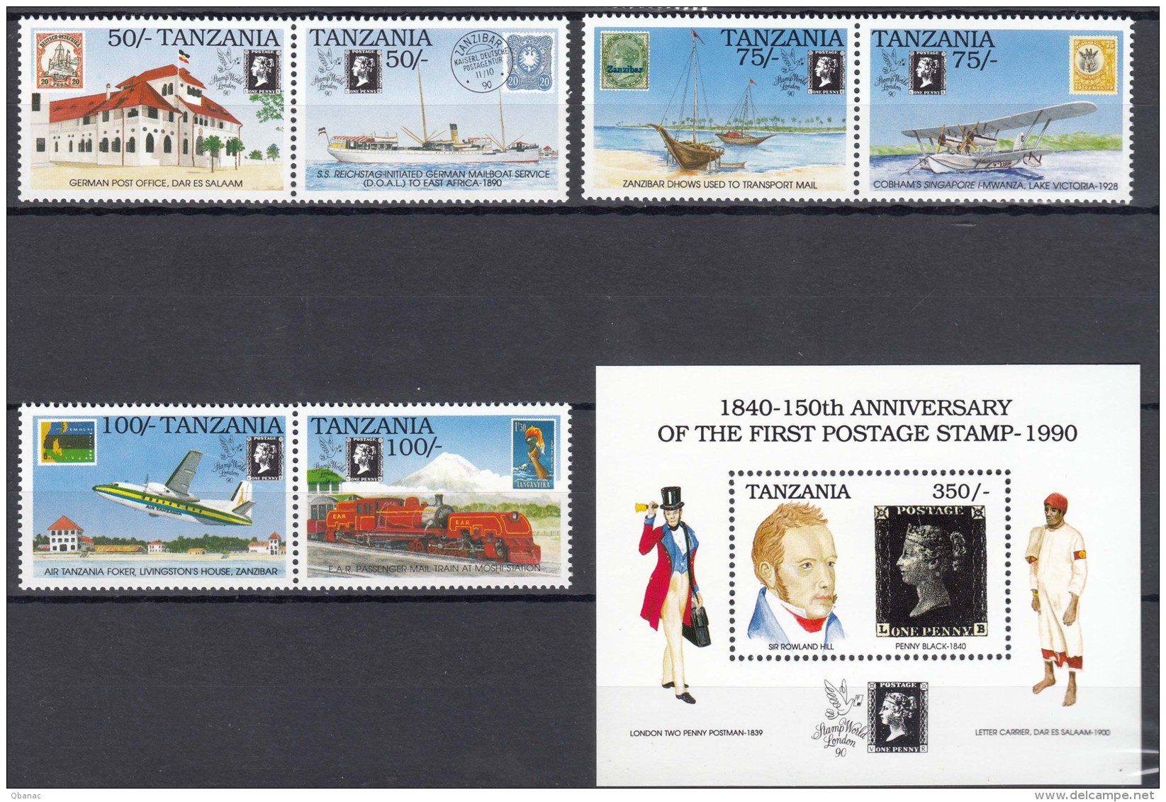 Tanzania 1991 150th Anniversary Of First Stamp, Three Pairs And Block With Black Penny, Mint Never Hinged - Tanzania (1964-...)