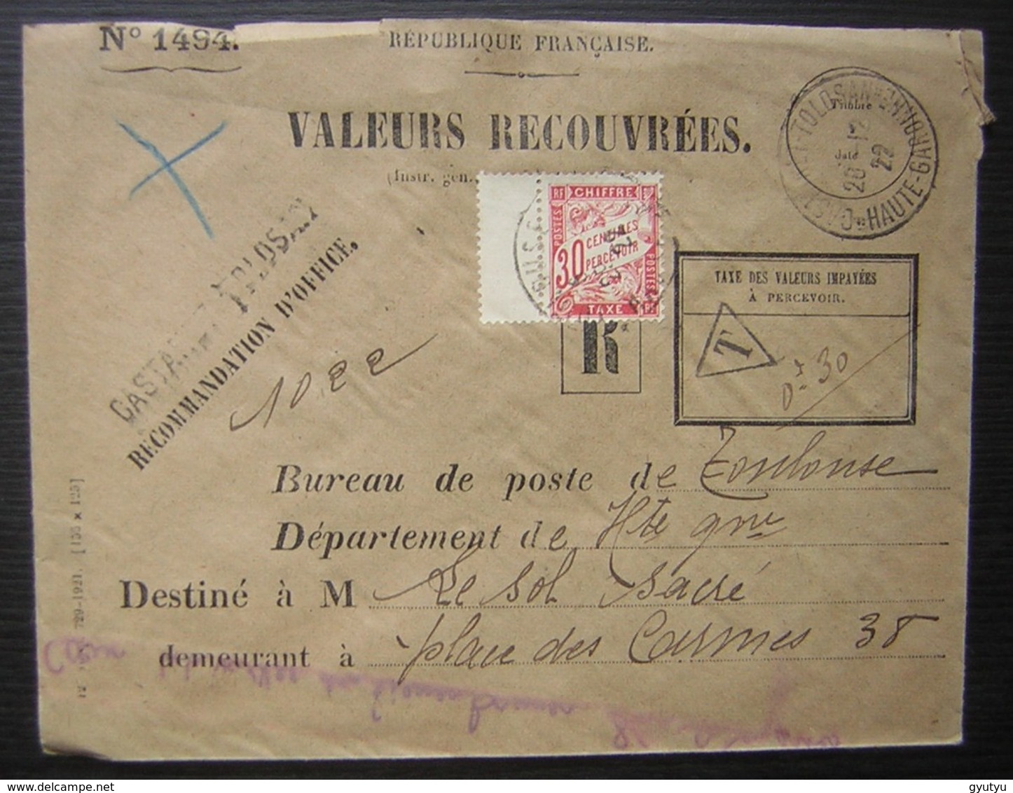 1922 Toulouse Valeurs Recouvrées Recommandation D'office Taxe à 30 Centimes - 1859-1959 Lettres & Documents