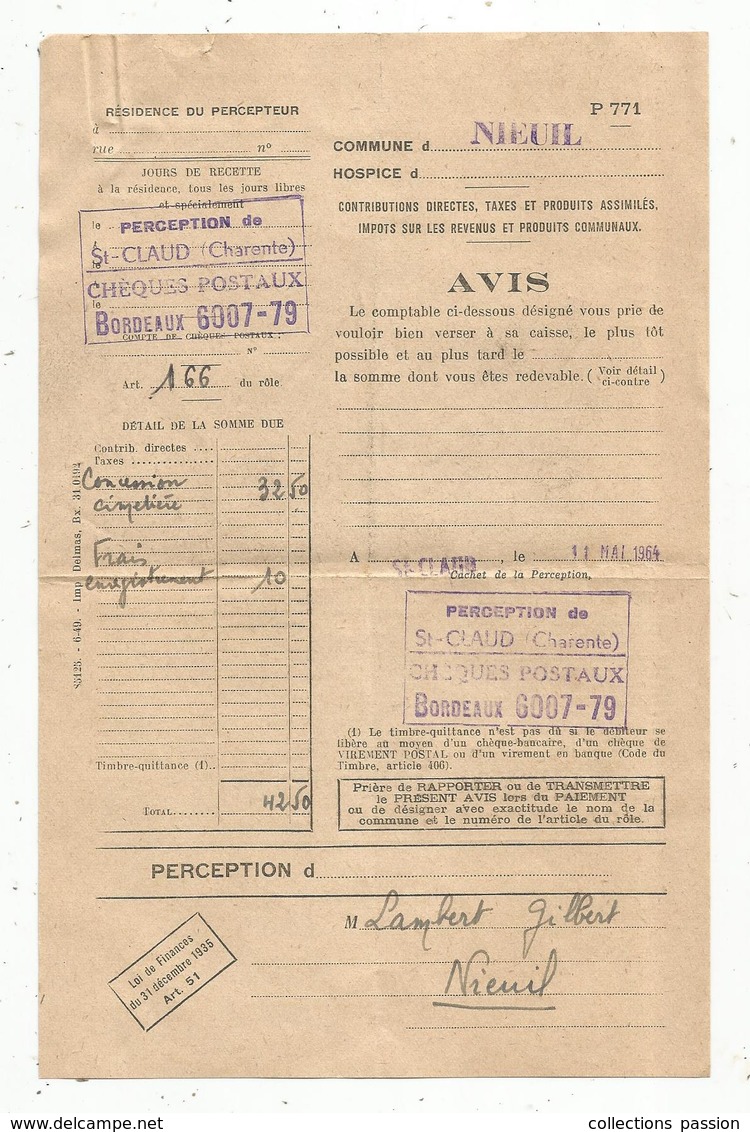 Commune De NIEUL ,Charente , Perception De ST CLAUD , Contributions Directes , Taxes.., 1964   , Frais Fr 1.45e - Ohne Zuordnung