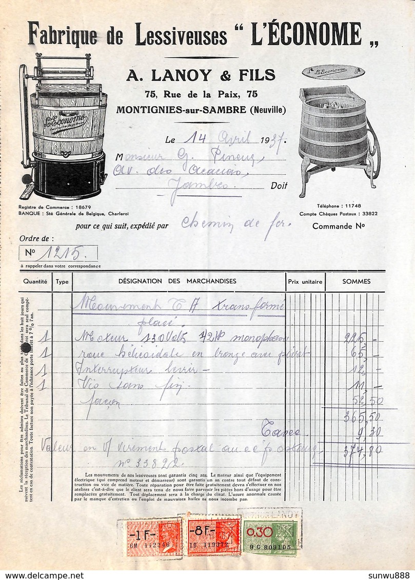 Fabrique De Lessiveuses L'Econome - A Lanoy & Fils - Montignies Sur Sambre (Illustrée, 1937, Timbres) - 1900 – 1949