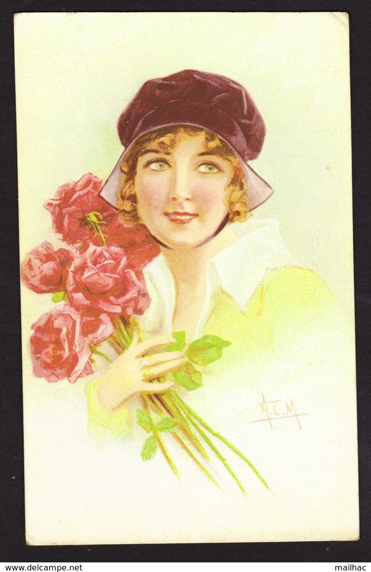 ILLUSTRATEUR Initiales A. C. M. - Femme - Bouquet De Roses - Other & Unclassified