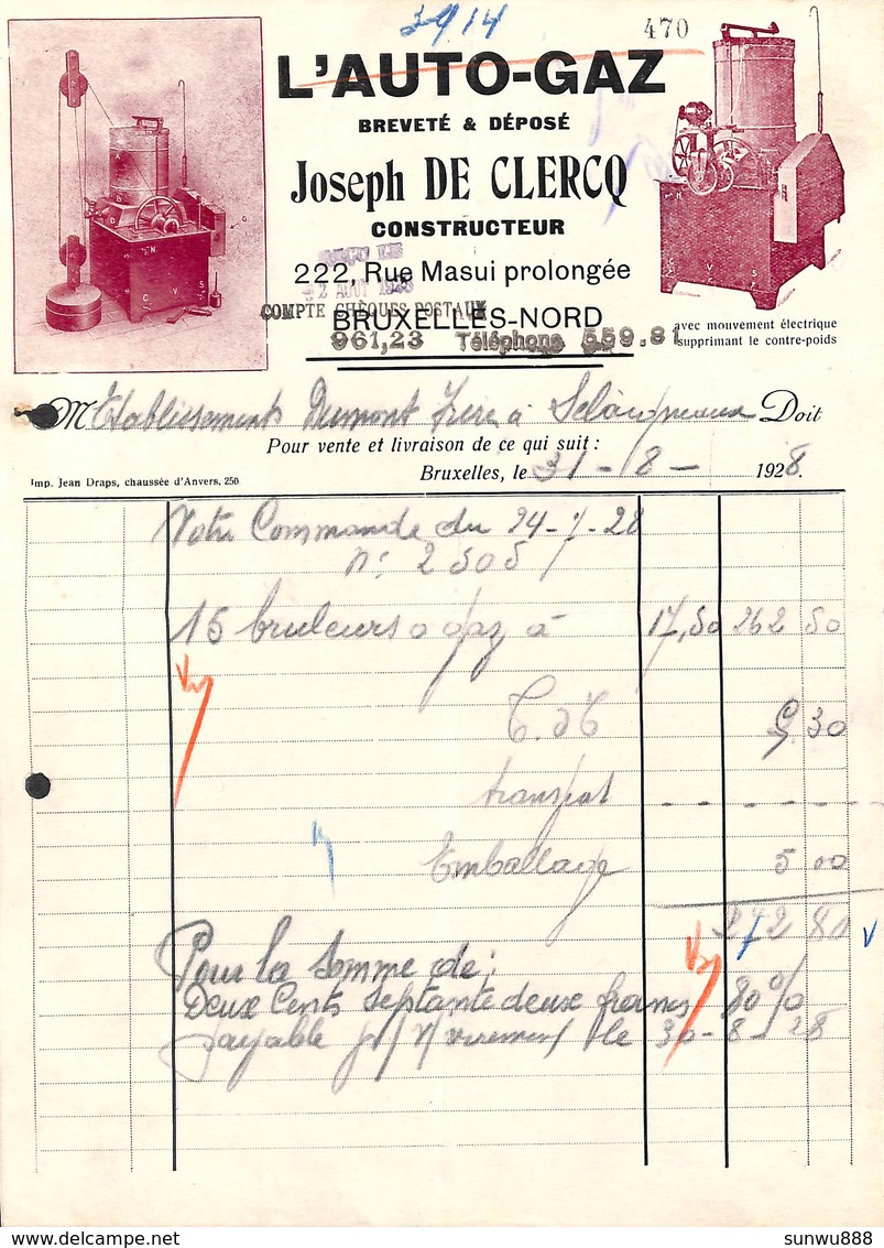L'Auto-Gaz - Joseph De Clercq - Bruxelles, Rue Masui Construction Bruleurs à Gaz (Illustrée 1928) - 1900 – 1949
