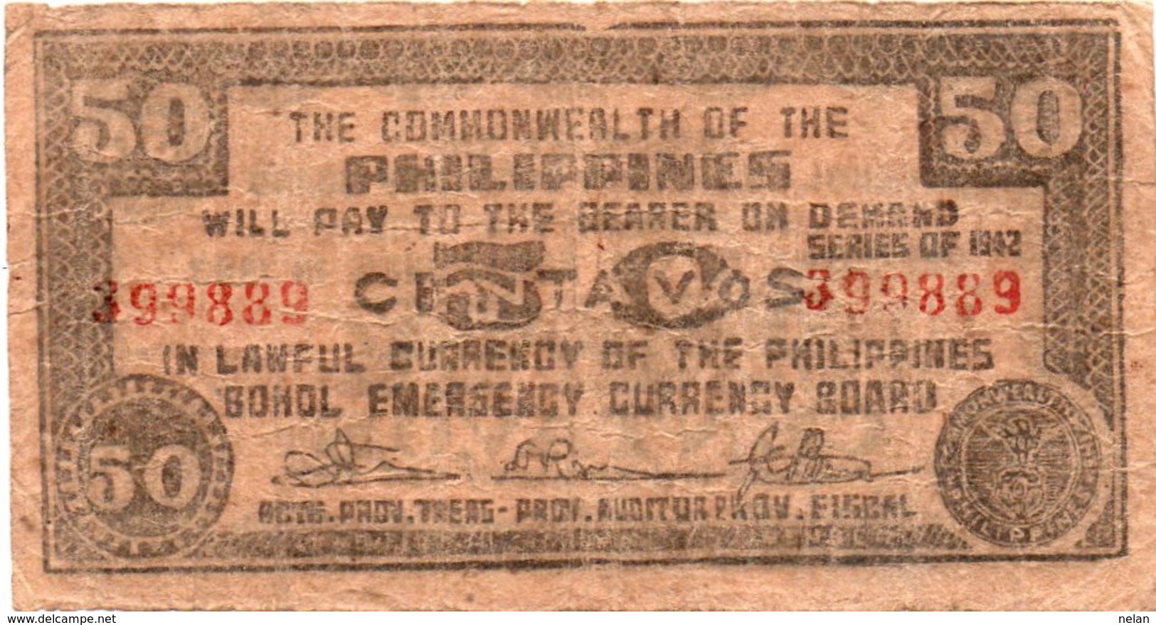 FILIPPINE 50 CENTAVOS 1942 -BOHOL EMERGENCY CURRENCY BOARD - Filippine