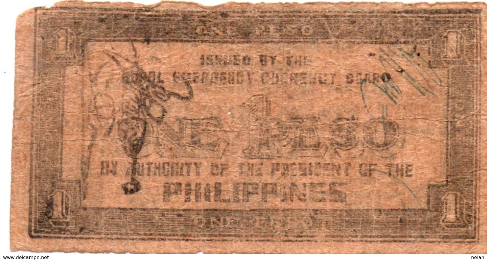 FILIPPINE ONE PESO 1943 -BOHOL EMERGENCY CURRENCY BOARD - Filippine