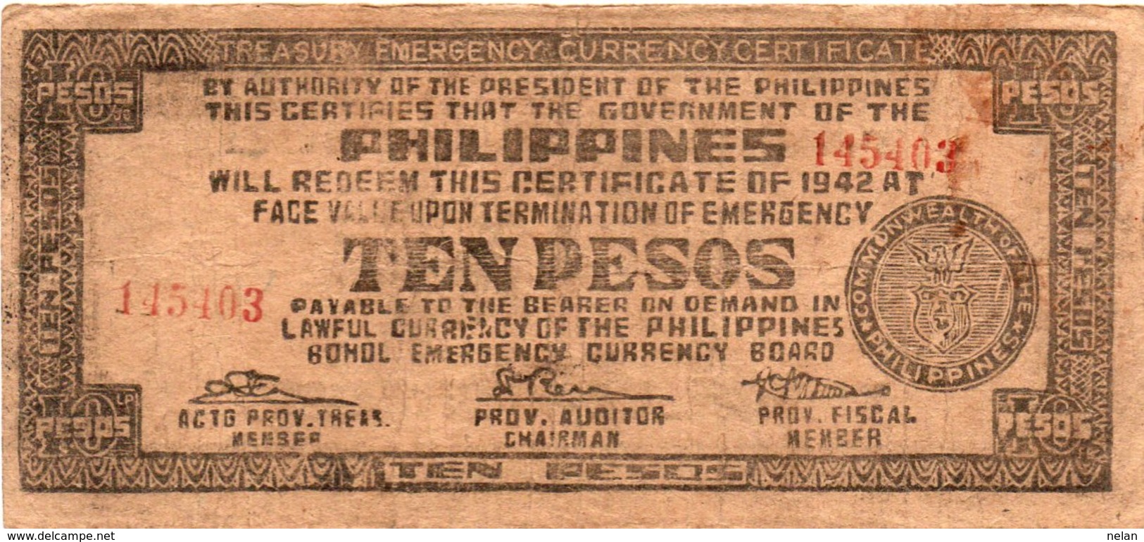 FILIPPINE 10 PESOS 1942 -BOHOL EMERGENCY CURRENCY BOARD - Filippine