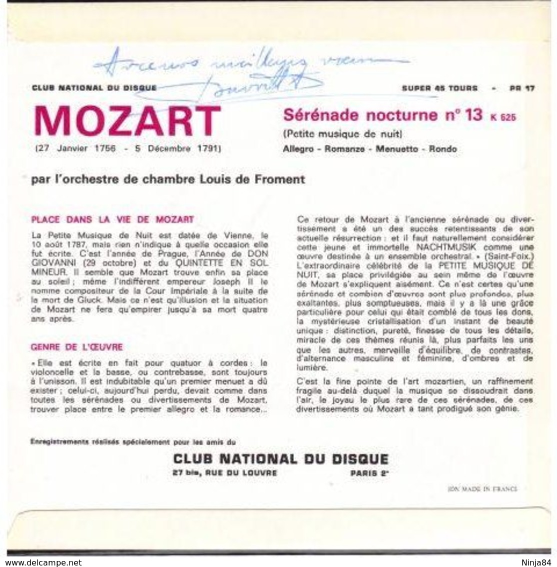 EP 45 RPM (7")  Louis De Froment  "  W.A Mozart Petite Musique De Nuit  " - Classical