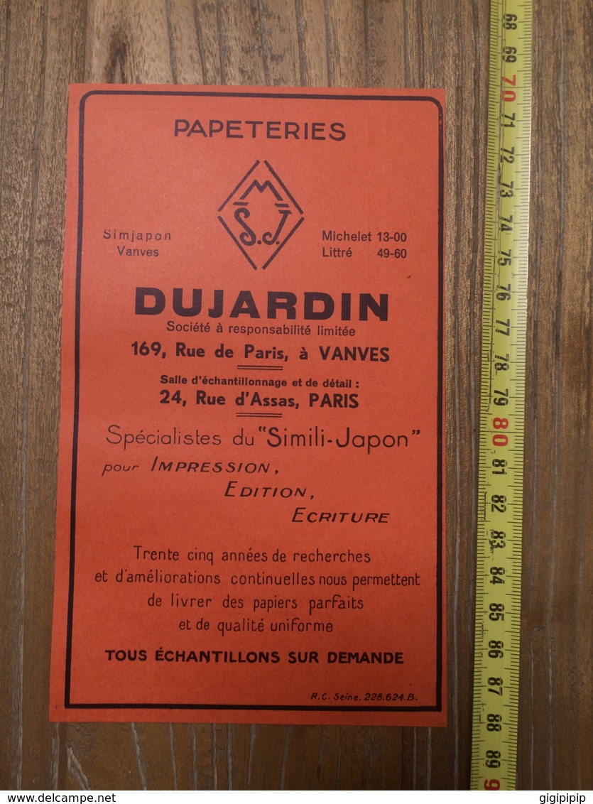 PUBLICITE 1934 PAPETERIES SIMJAPON VANVES MICHELET LITTRE DUJARDIN ANDRE TOURNON IMPRIMEUR PARIS RUE SAINT HONORE - Collections