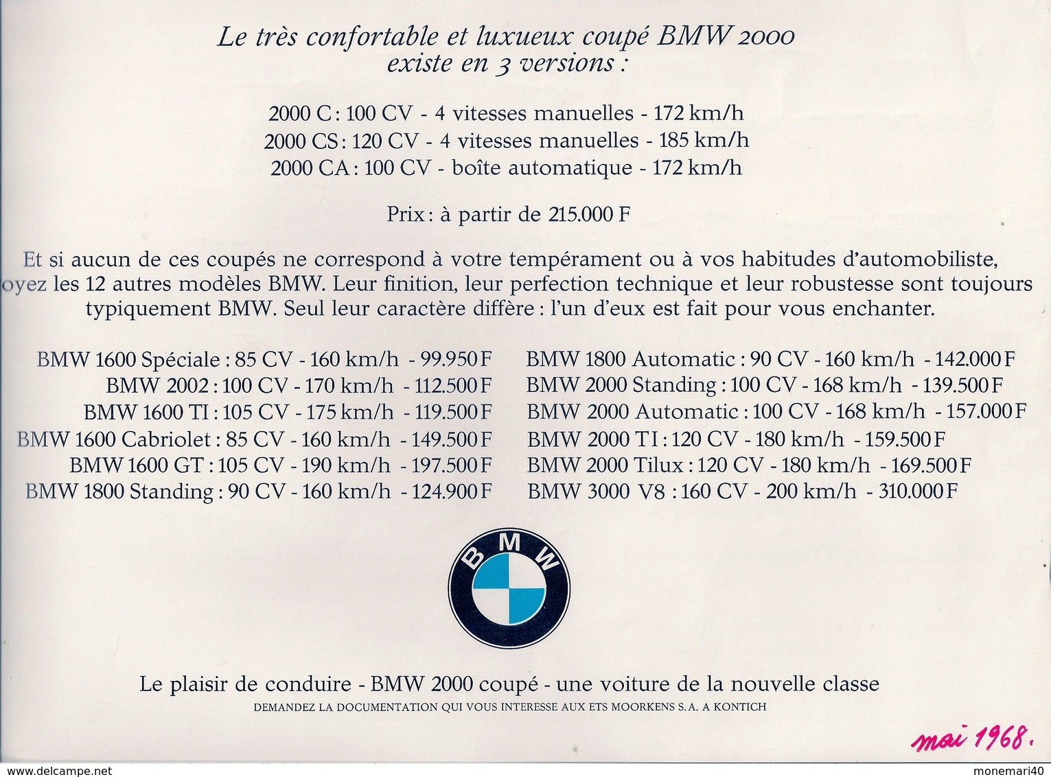 BMW 2000 COUPÉ (EXISTE EN 3 VERSIONS) - Advertising