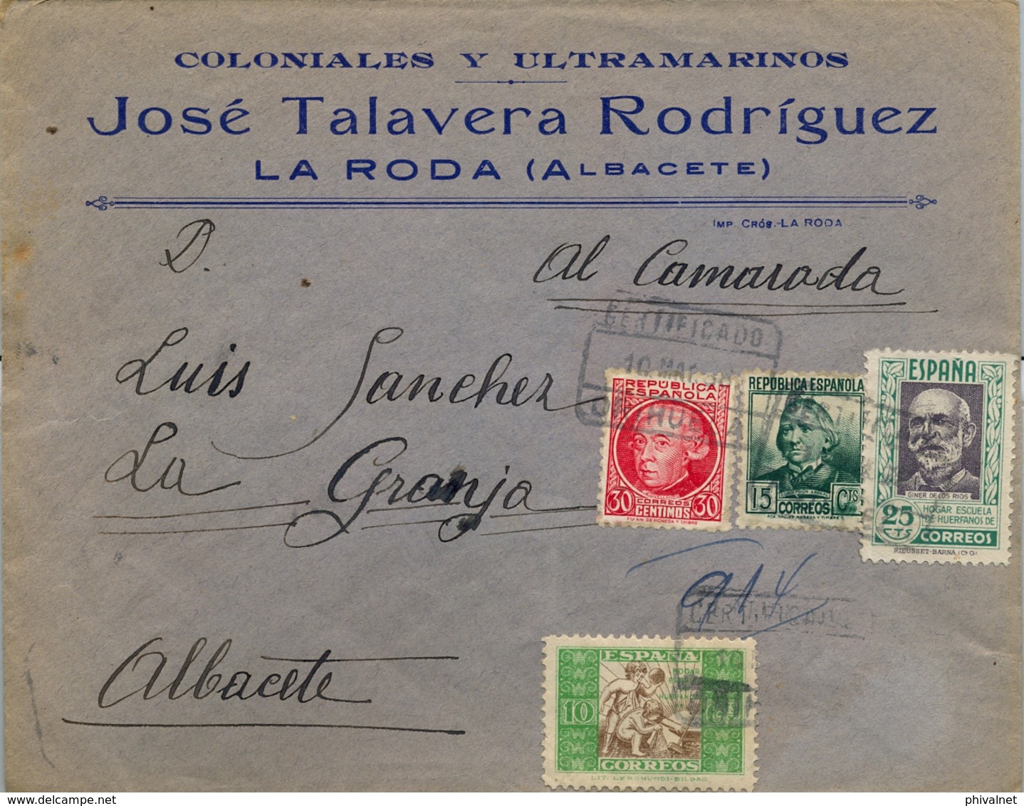 1938 , ALICANTE , SOBRE COMERCIAL CERTIFICADO ENTRE ORIHUELA Y ALBACETE - Cartas & Documentos