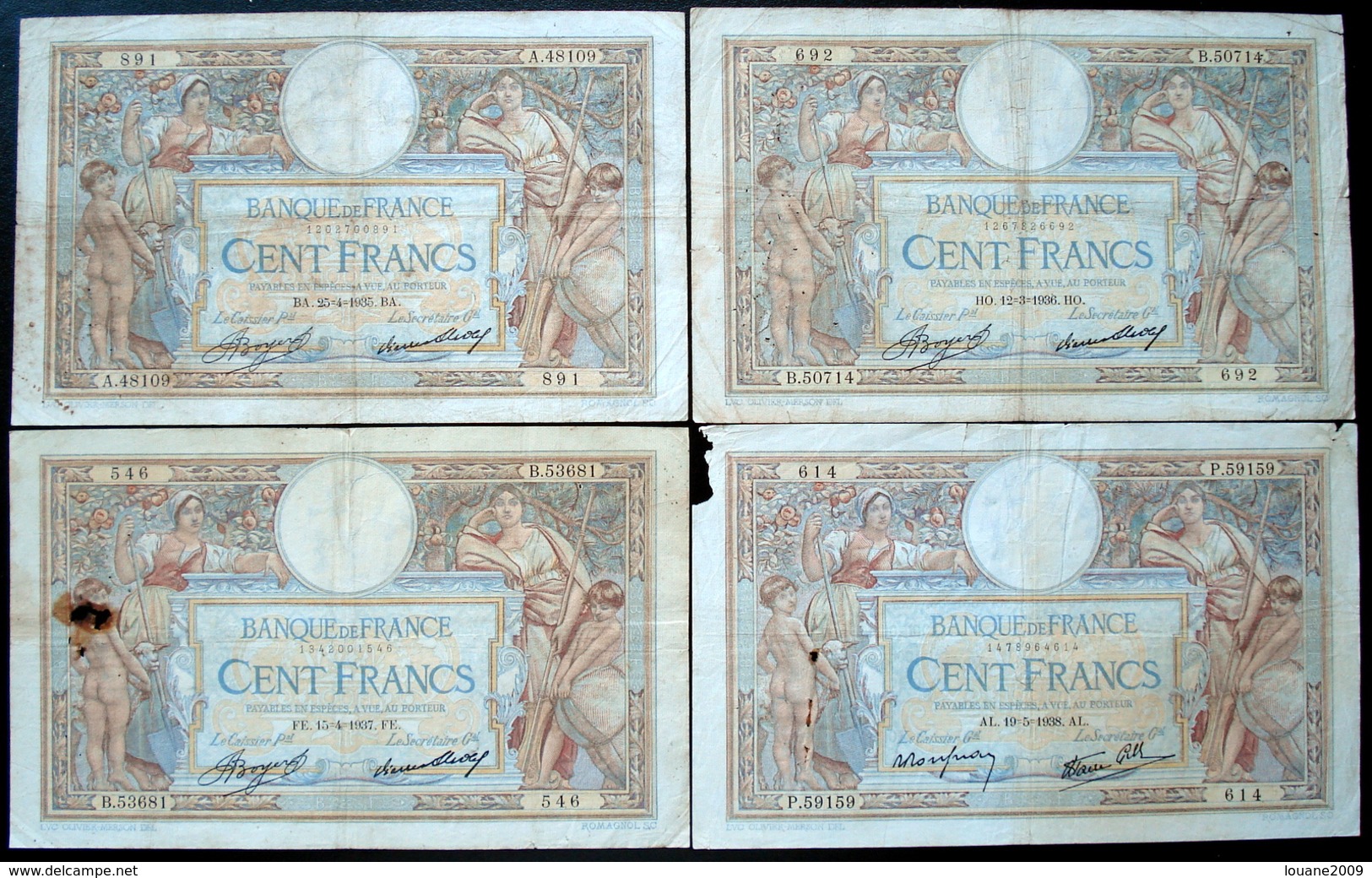 France - 100 Francs Luc Olivier Merson 1934 - 1935 - 1936 - 1937 - 1938 Lot 5 Billets - 100 F 1908-1939 ''Luc Olivier Merson''