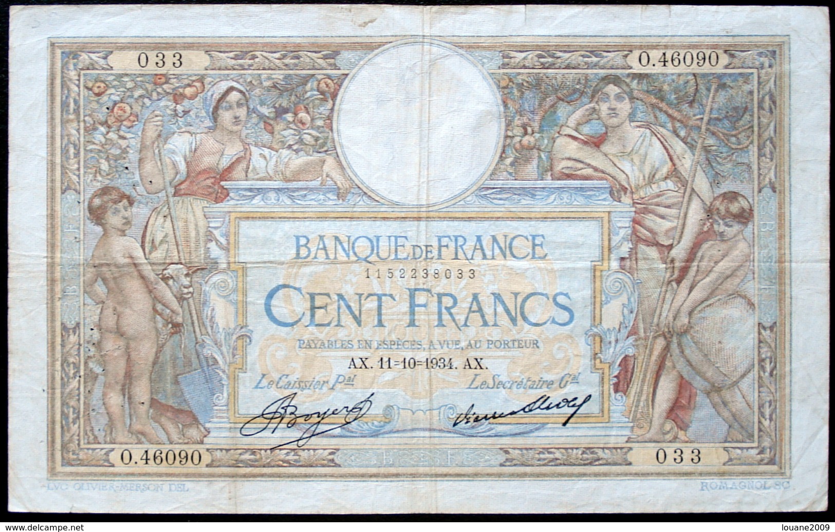 France - 100 Francs Luc Olivier Merson 1934 - 1935 - 1936 - 1937 - 1938 Lot 5 Billets - 100 F 1908-1939 ''Luc Olivier Merson''