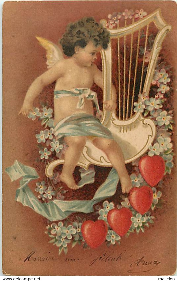 - Thèmes -ref-A709- Anges - Ange Musicien - Lyre - Lyres - Instruments De Musique - Coeurs - Carte Bon Etat - - Anges