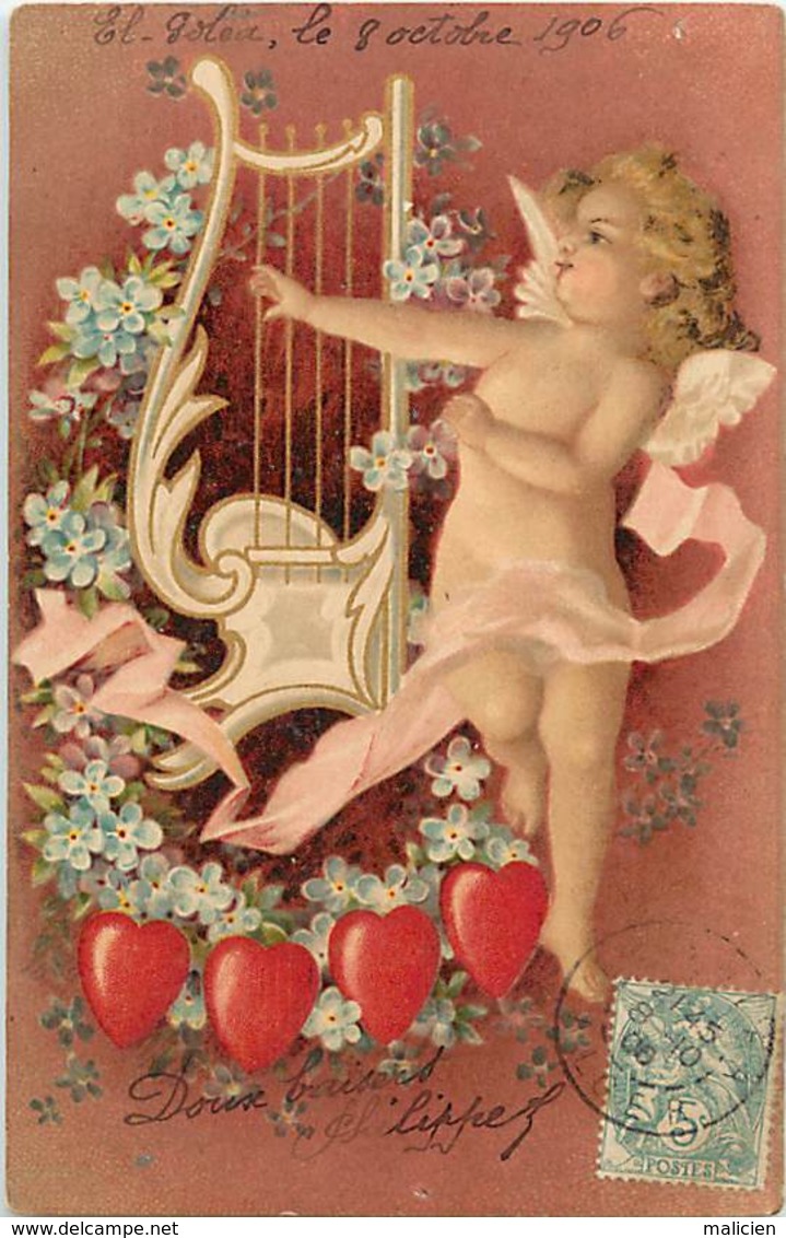 - Thèmes -ref-A708- Anges - Ange Musicien - Lyre - Lyres - Instruments De Musique - Coeurs - Carte Bon Etat - - Anges