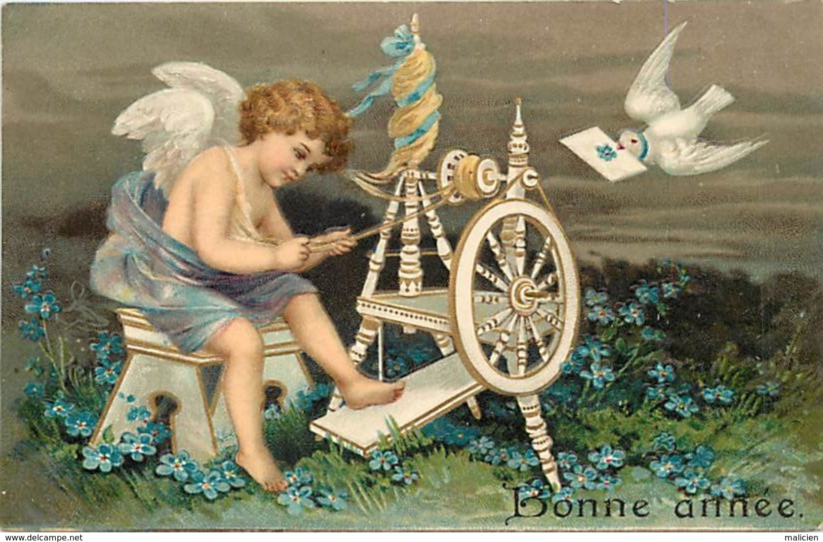 - Thèmes -ref-A707- Anges - Ange Filant La Laine - Rouet - Rouets - Colombe Et Lettre - Carte Gaufree Bon Etat - - Anges