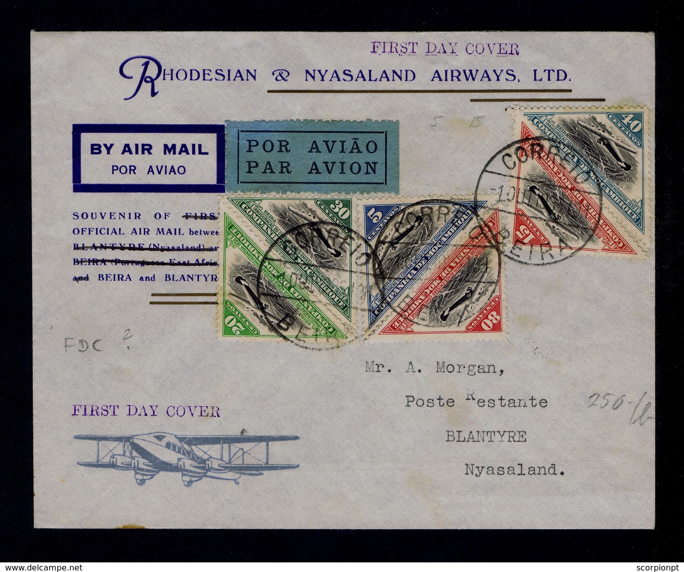 Sp5202 Mozambique Beira - Blantyre (Nyasaland) 01-X-1935 (Air Mail Inauguration Line) Aviation Courrier Portugal - Lettres & Documents