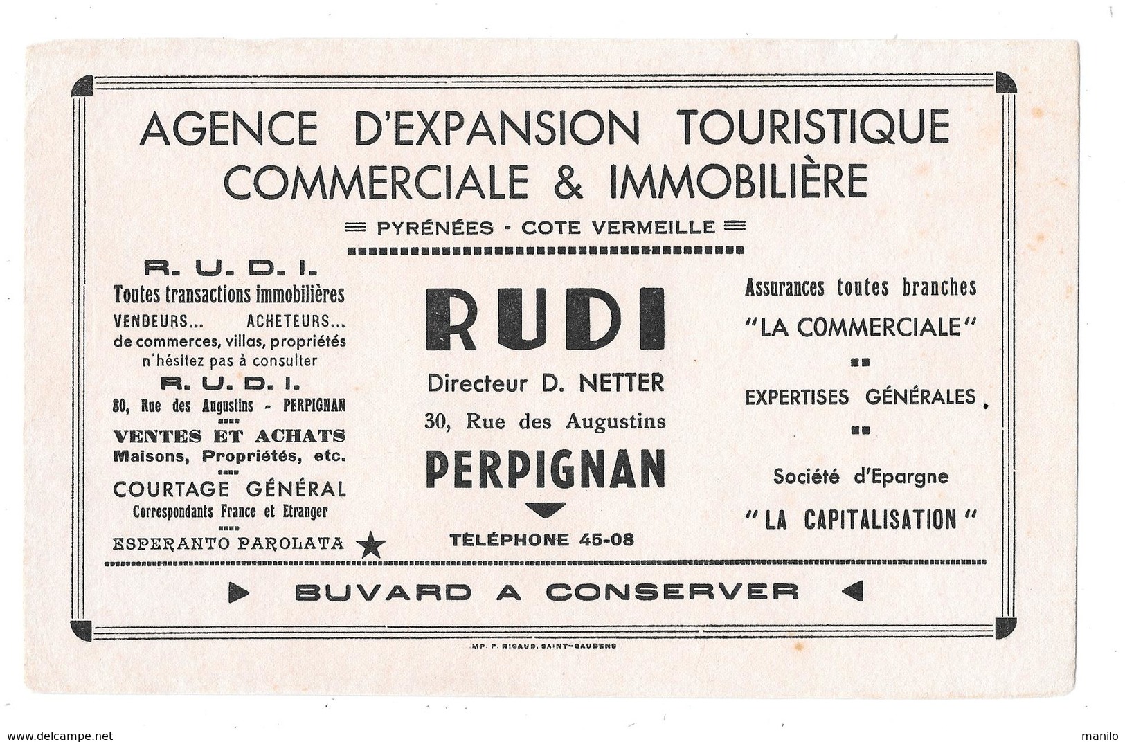 Buvard Ancien, AGENCE IMMOBILIERE RUDI -Directeur D.NETTER à PERPIGNAN - AGENCE D'EXPANSION TOURISTIQUE,COMMERCIALE,IMMO - A