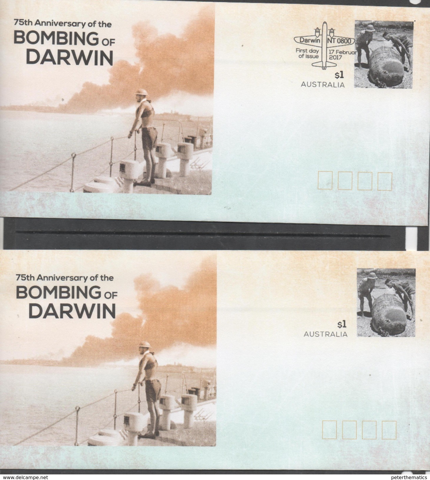 AUSTRALIA, 2017, POSTAL STATIONERY, 2 PREPAID ENVELOPES, WWII, DARWIN BOMBING, SHIPS,1 MINT+1 FIRST DAY CANCELLATION - Guerre Mondiale (Seconde)