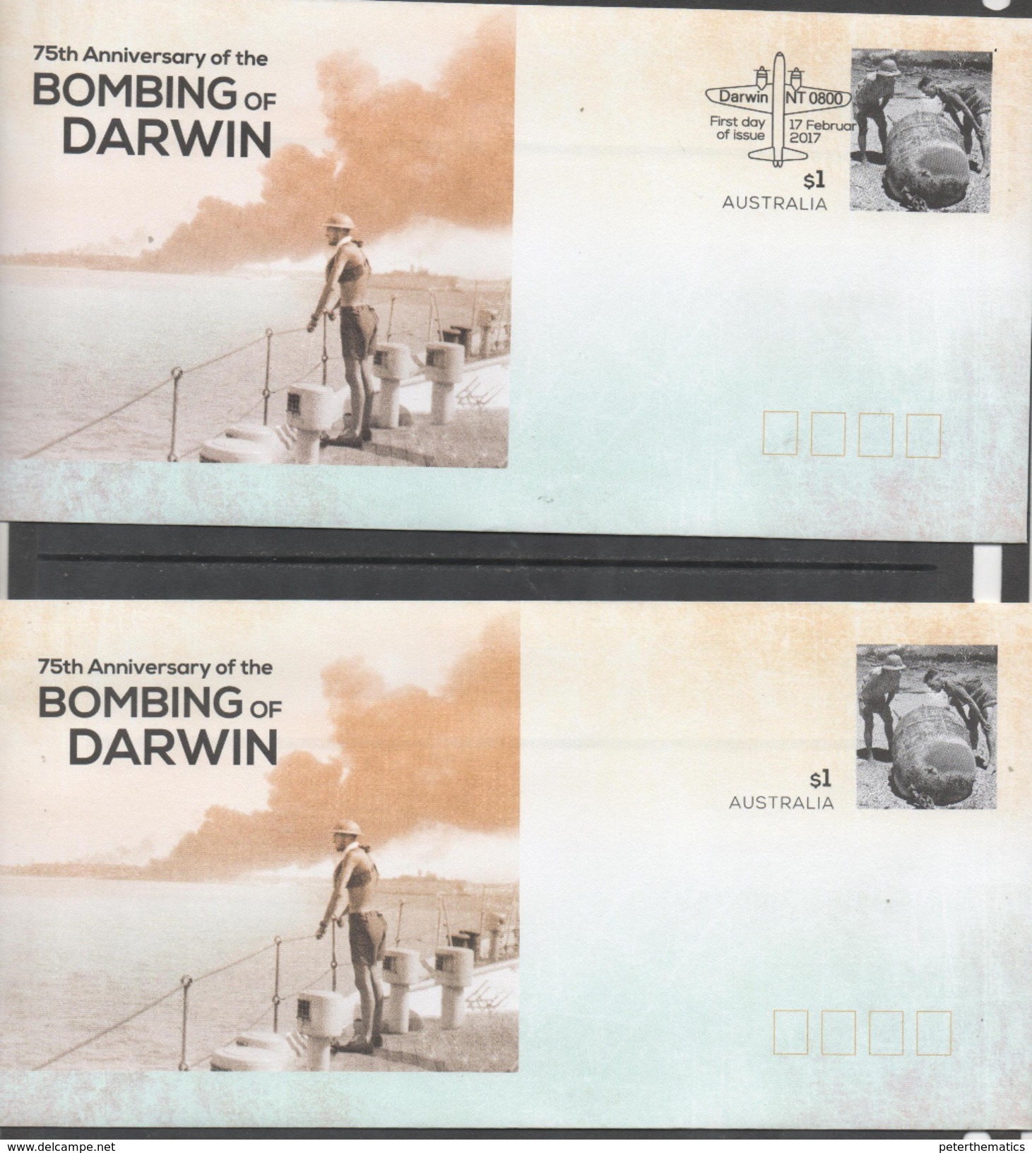 AUSTRALIA, 2017, POSTAL STATIONERY, 2 PREPAID ENVELOPES, WWII, DARWIN BOMBING, SHIPS,1 MINT+1 FIRST DAY CANCELLATION - WW2