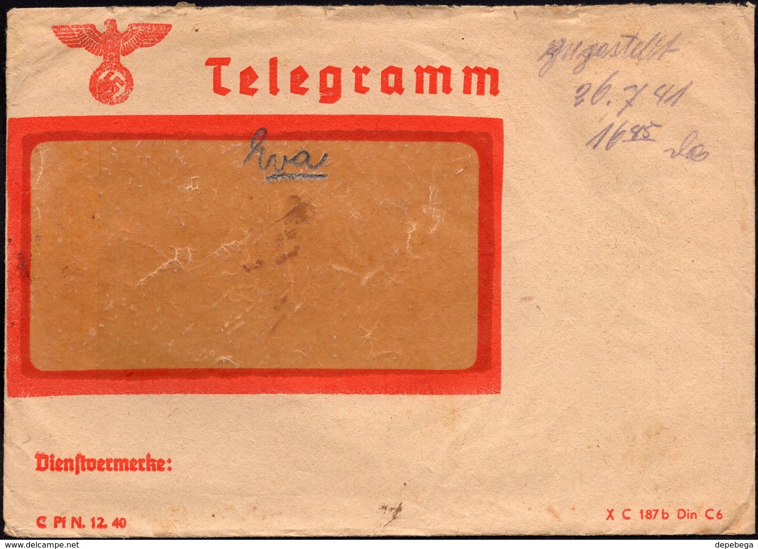 Germany - WW2, NS Jnliegend Telegramm Brief (XC 187 B Din C6), 1940. - Briefe U. Dokumente