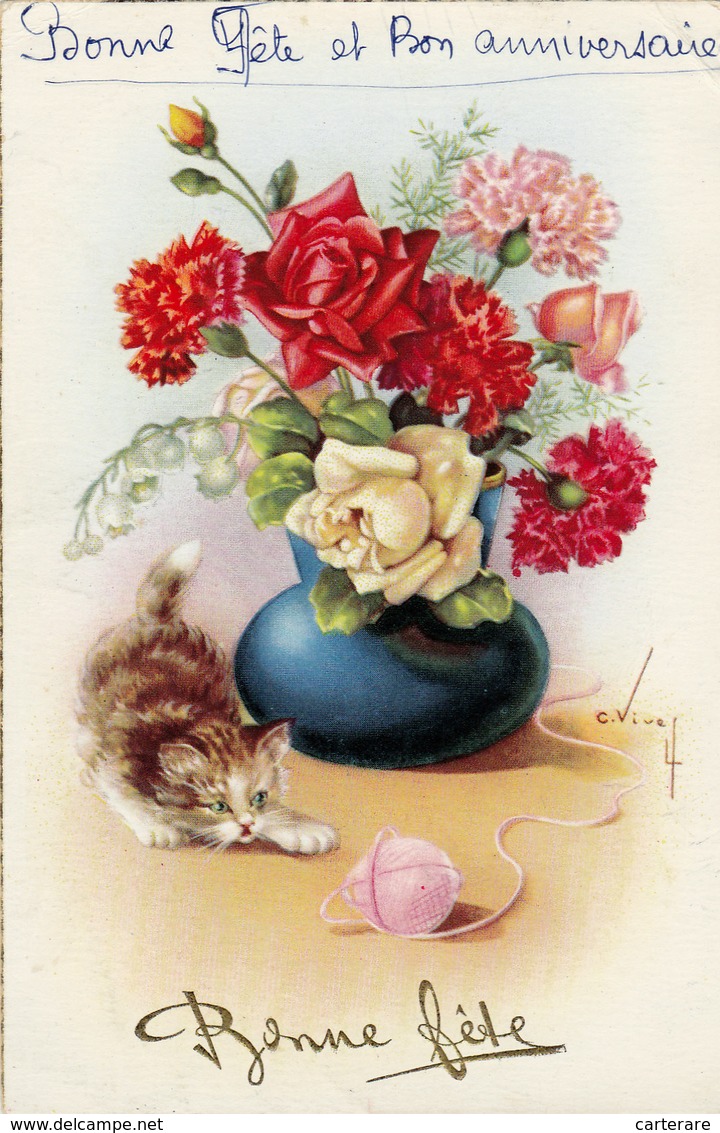 CHAT,CHATON,pelotte De Laine,fleurs,bonne Fete,carte Illustrée Signée C Vive - Chats