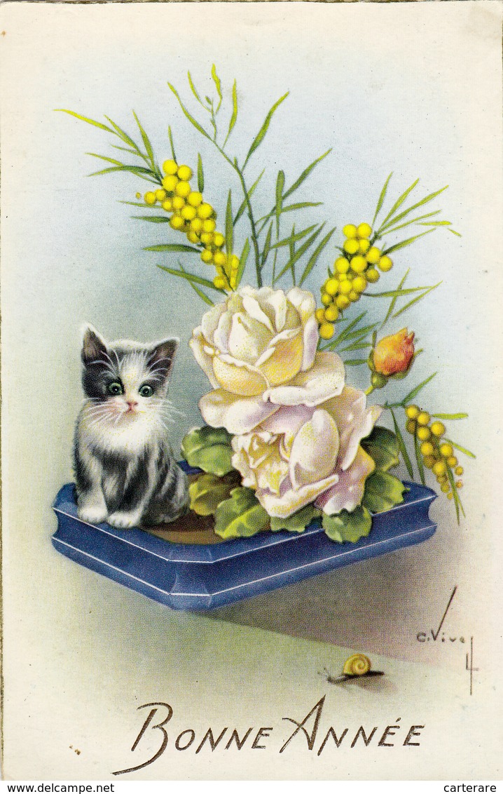 Chat,chaton,cat,fleurs,et   Bonne Année,escargot,1957,édition  Univers Paris,carte Signée - Cats