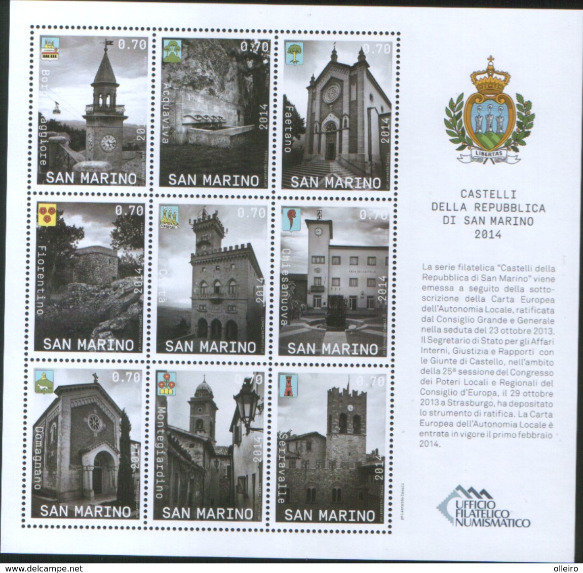 San Marino 2014 Souvenir Sheet - Foglietto Castelli Di San Marino 9v Complete Set ** MNH - Unused Stamps