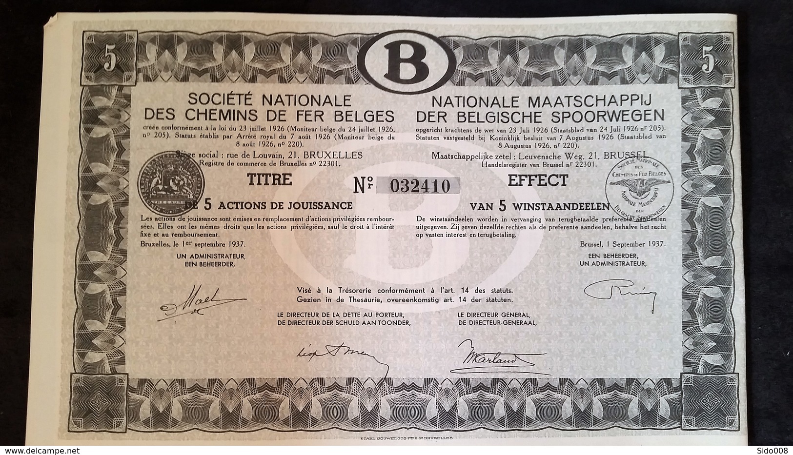 Action SOCIETE NATIONALE DES CHEMINS DE FER BELGES 5 X 5 Actions De Jouissance -  1937 - Chemin De Fer & Tramway