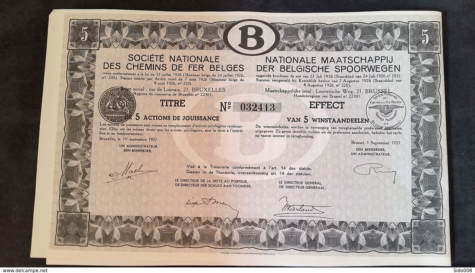 action SOCIETE NATIONALE DES CHEMINS DE FER BELGES 5 x 5 actions de jouissance -  1937