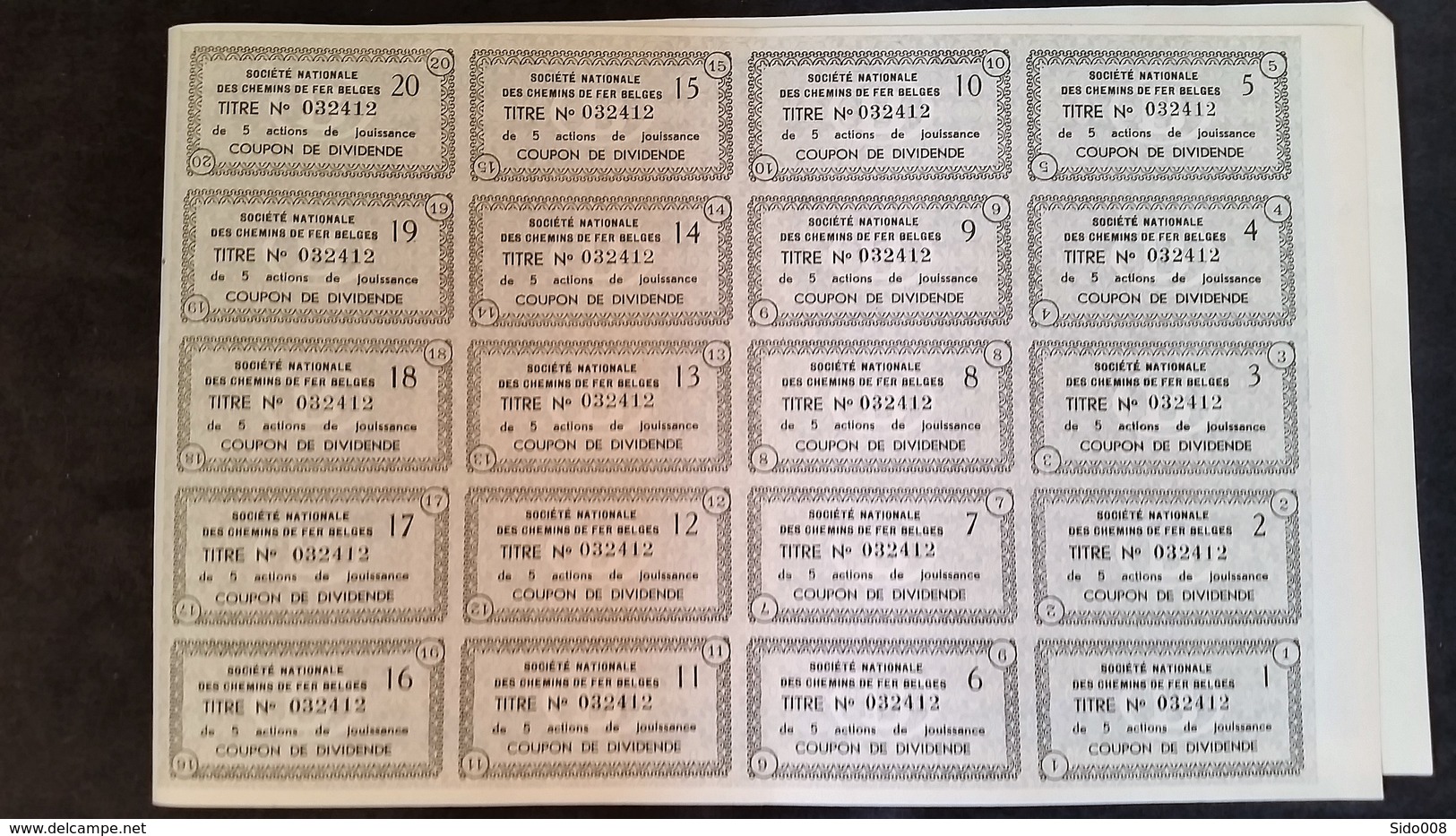 action SOCIETE NATIONALE DES CHEMINS DE FER BELGES 5 x 5 actions de jouissance -  1937