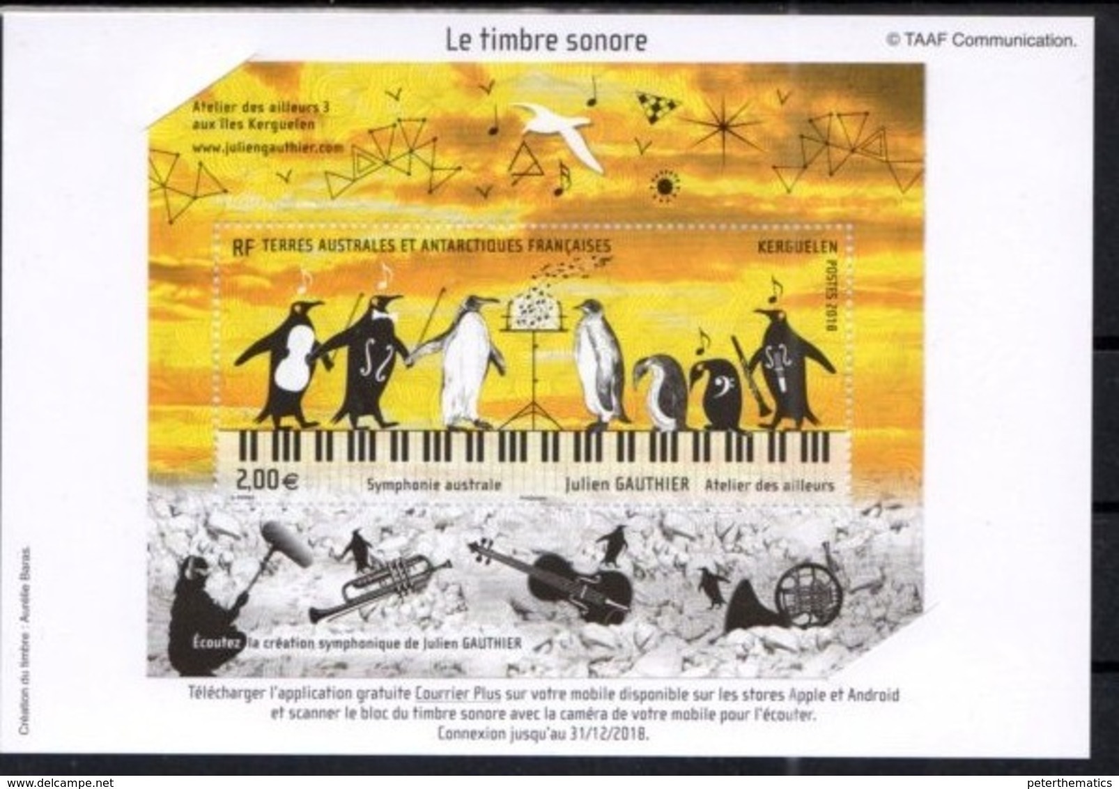 TAAF , 2018, MNH, LE TIMBRE SONORE, PENGUINS, MUSIC, MUSICAL INSTRUMENTS, S/SHEET IN CARDBOARD FRAME - Penguins