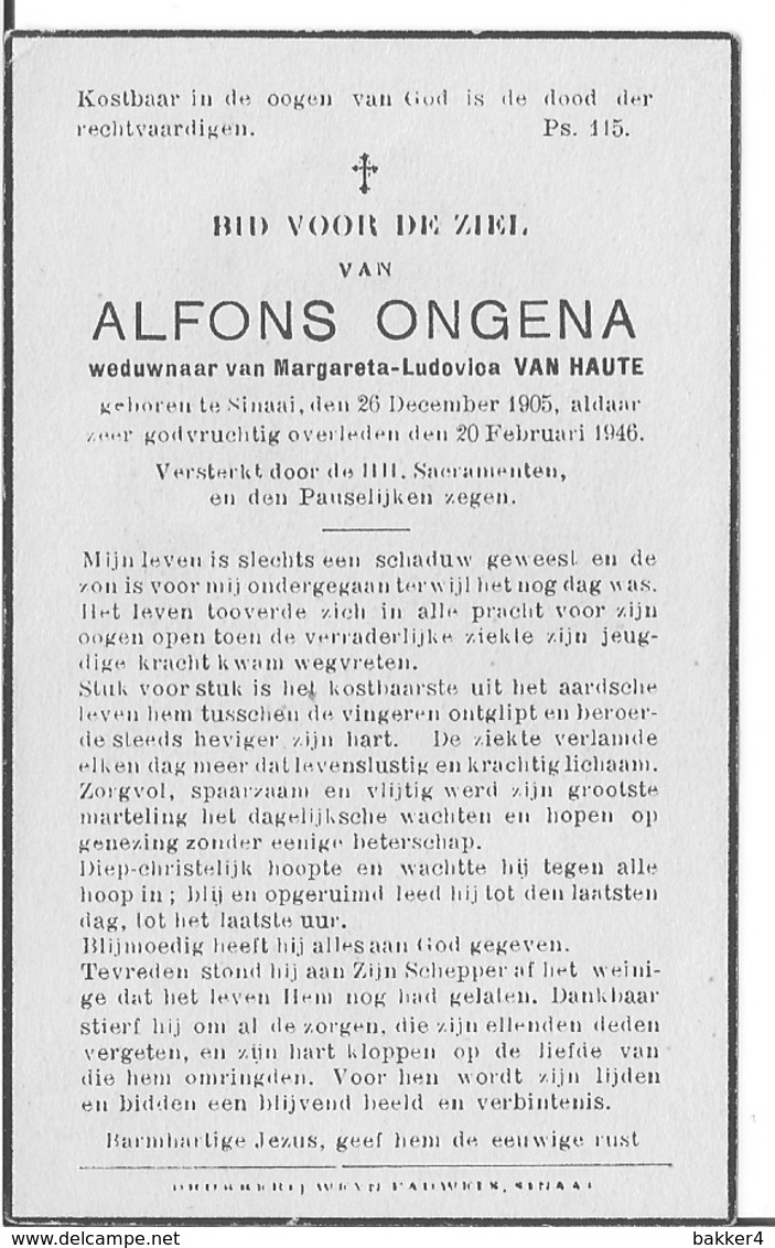 Dp. Ongena Alfons. Wed. Van Haute Margareta. ° Sinaai 1905 &dagger; Sinaai 1946 - Religion & Esotericism