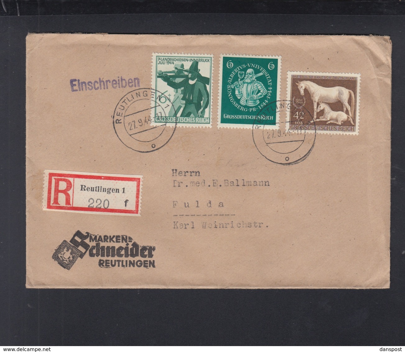 Dt. Reich R-Brief 1944 Reutlingen Nach Fulda - Covers & Documents