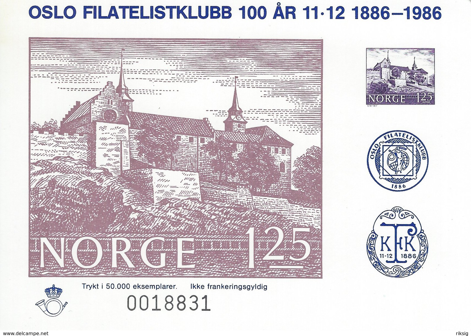 Norway - Oslo Filatelistklubb 100 År   1886-1986. # 619 # - Zonder Classificatie