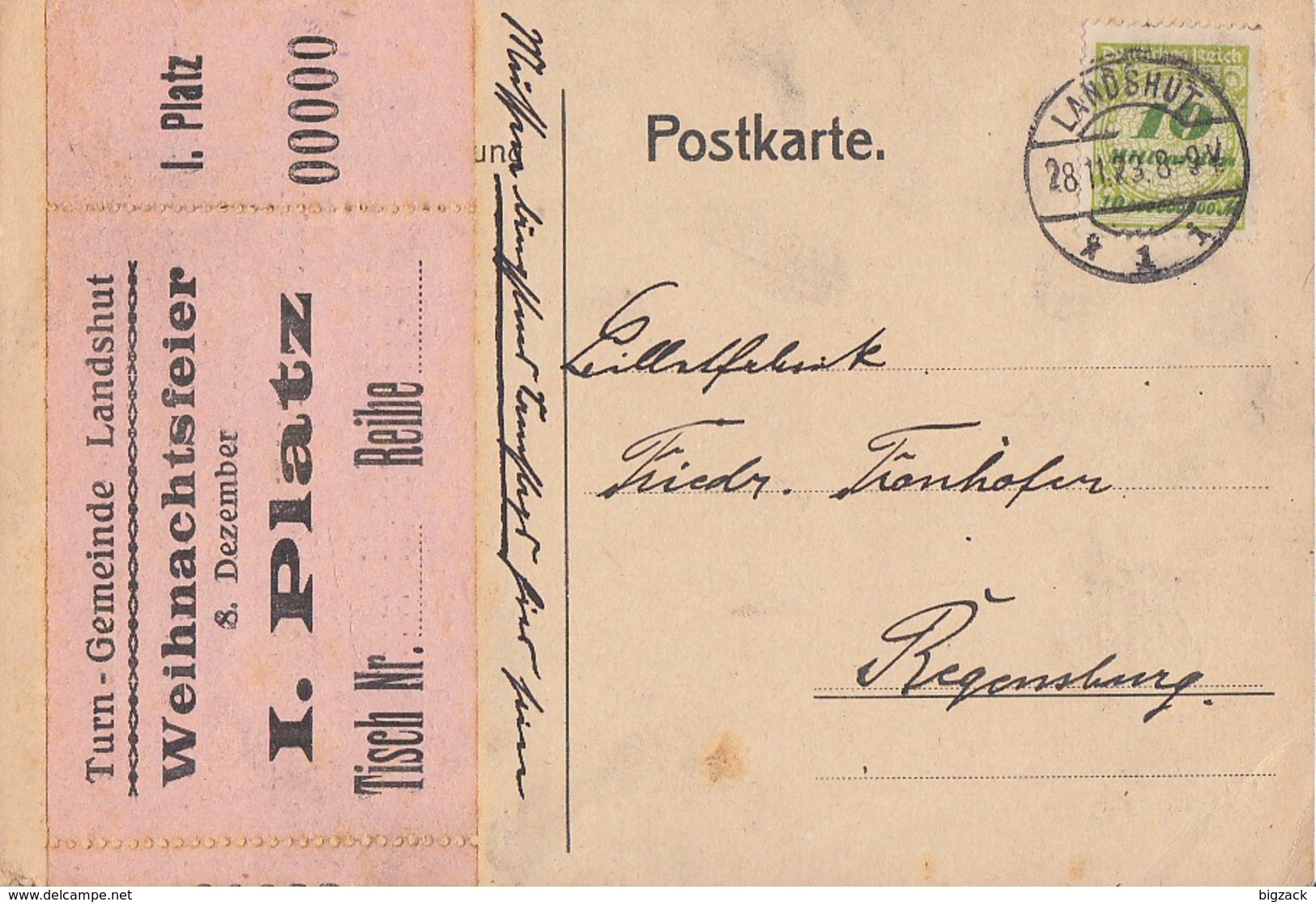DR Karte EF Minr.328 Landshut 28.11.23 Gel. Nach Regensburg Novemberbeleg - Briefe U. Dokumente