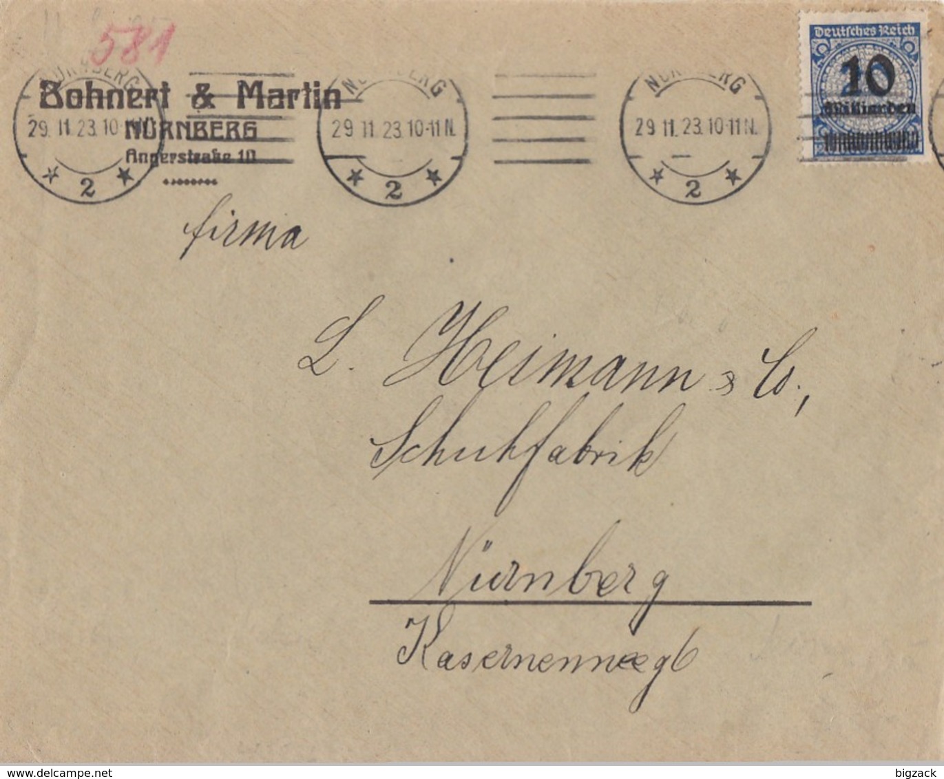 DR Ortsbrief EF Minr.335A Nürnberg 29.11.23 Geprüft - Briefe U. Dokumente