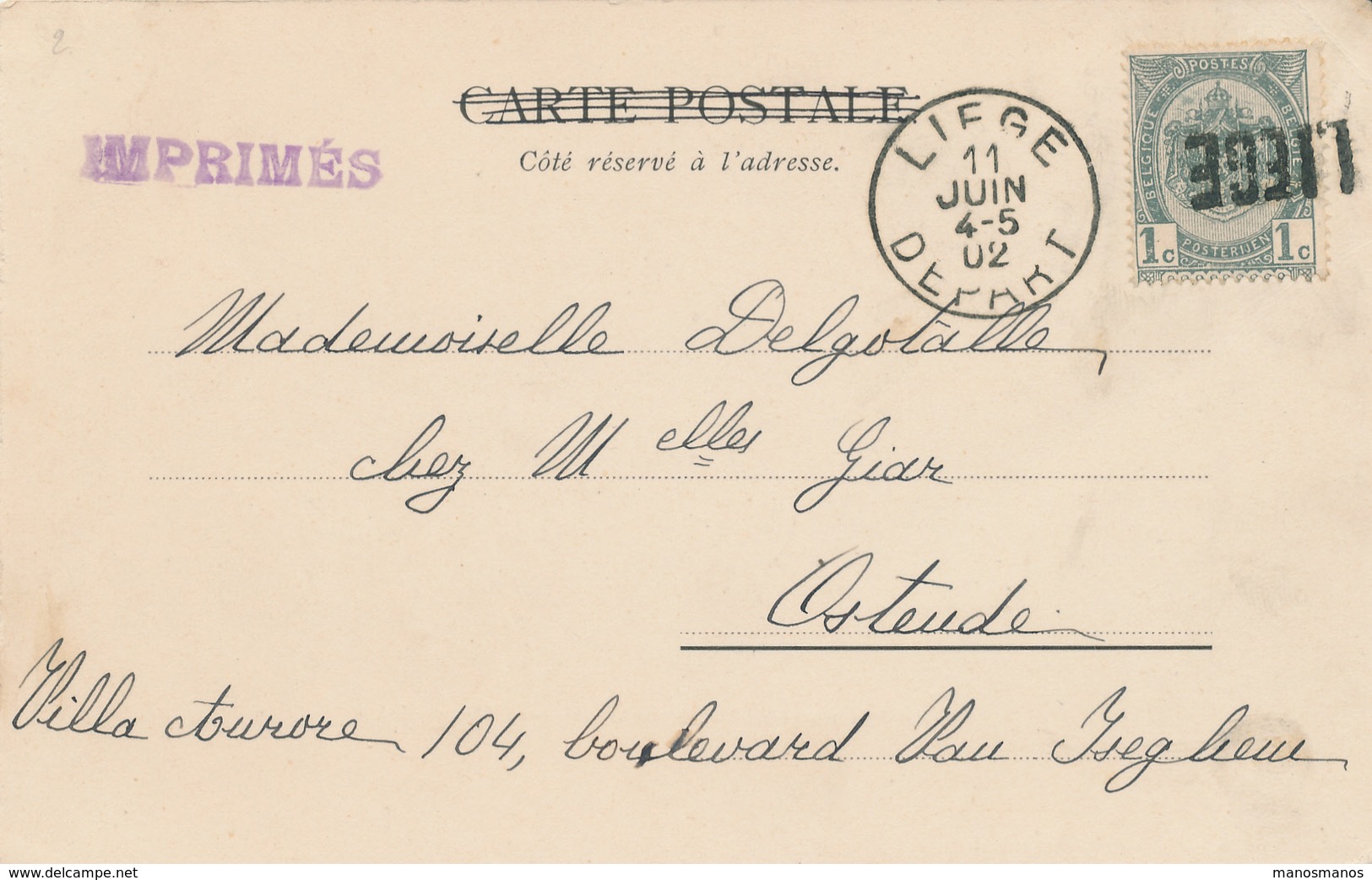 688/26 - Annulation Par GRIFFE LINEAIRE Au Départ - Carte-Vue TP Armoiries LIEGE 1902 Vers Ostende - Langstempel